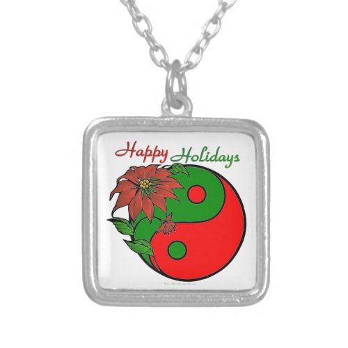 Holiday Yin Yang Poinsettia Green Red Silver Plated Necklace