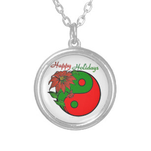 Holiday Yin Yang Poinsettia Green Red Silver Plated Necklace