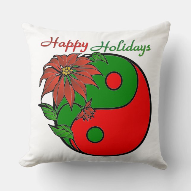 Holiday Yin Yang Poinsettia Green Red Throw Pillow (Front)