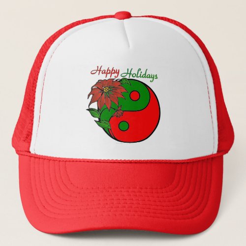Holiday Yin Yang Poinsettia Green Red Trucker Hat