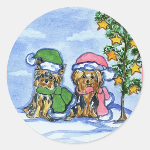 Holiday Yorkshire Terriers Classic Round Sticker