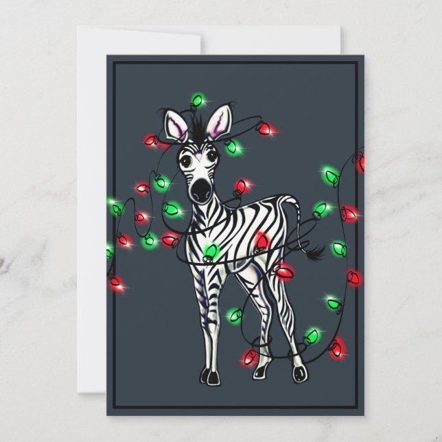 Holiday Zebra, red, green Christmas twinkle lights Card (Front)