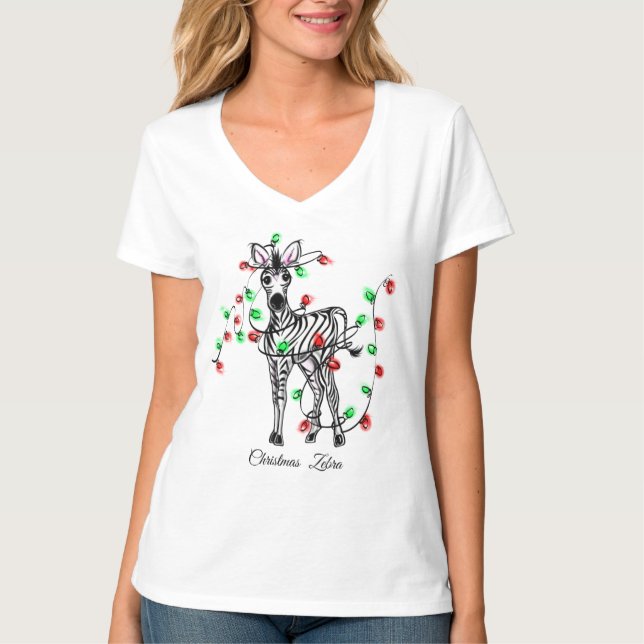 Holiday Zebra, red, green Christmas twinkle lights T-Shirt (Front)