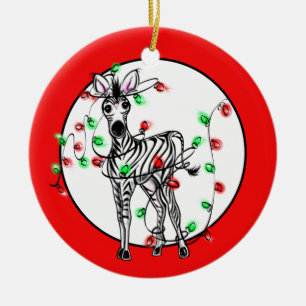 Holiday Zebra, red green twinkle lights Ceramic Ornament