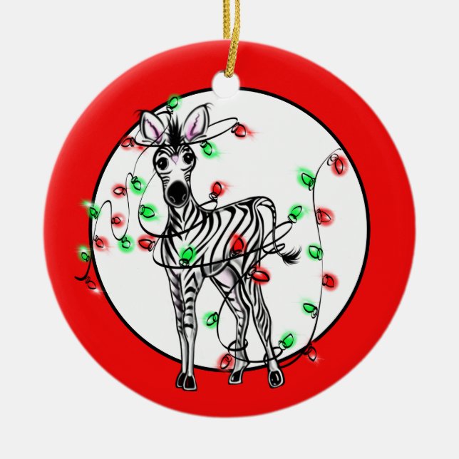 Holiday Zebra, red green twinkle lights Ceramic Ornament (Front)