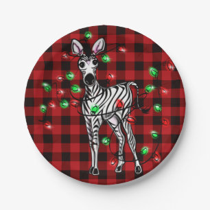 Holiday Zebra, red tartan, twinkle lights Paper Plates