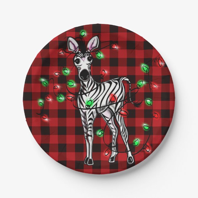 Holiday Zebra, red tartan, twinkle lights Paper Plates (Front)