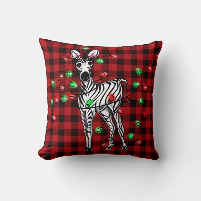 Holiday Zebra, red tartan, twinkle lights Throw Pillow (Front)