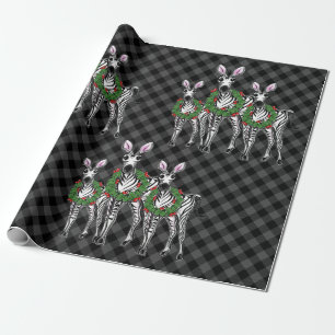 Holiday Zebras , Christmas wreath, gray plaid  Wrapping Paper