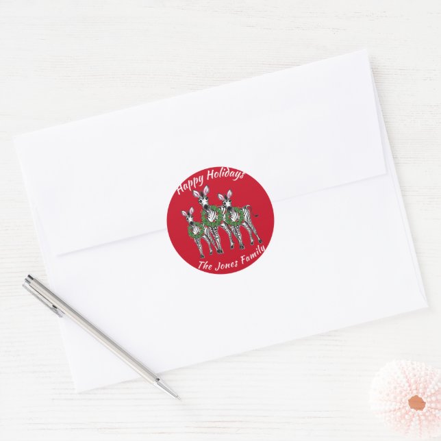 Holiday Zebras , festive Christmas wreath garland Classic Round Sticker (Envelope)