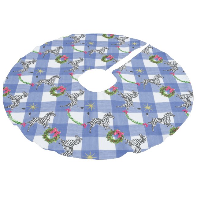 Holiday Zebras on Blue Plaid Faux Linen Tree Skirt (Angled)