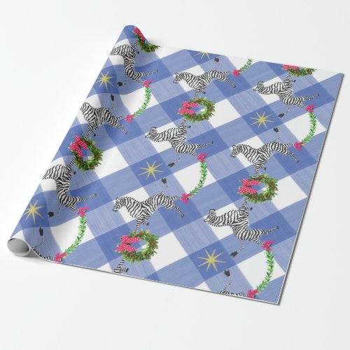 Holiday Zebras on Blue Plaid Wrapping Paper