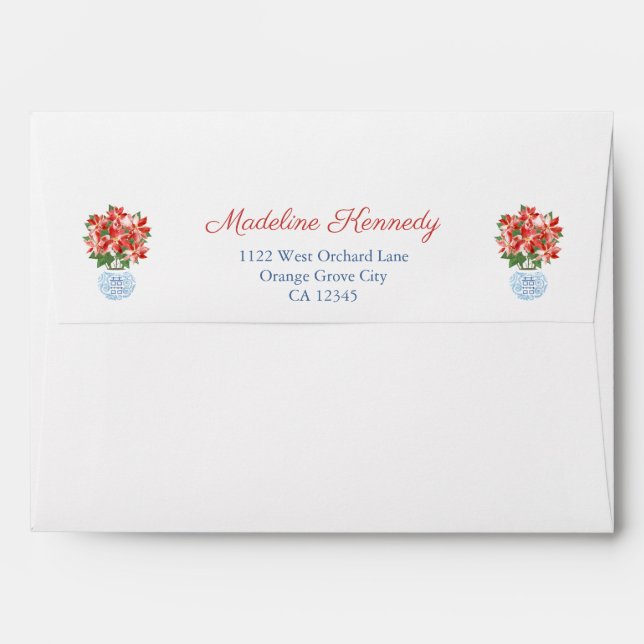 Holidays Chinoiserie Red Poinsettia Lined Envelope (Back (Top Flap))