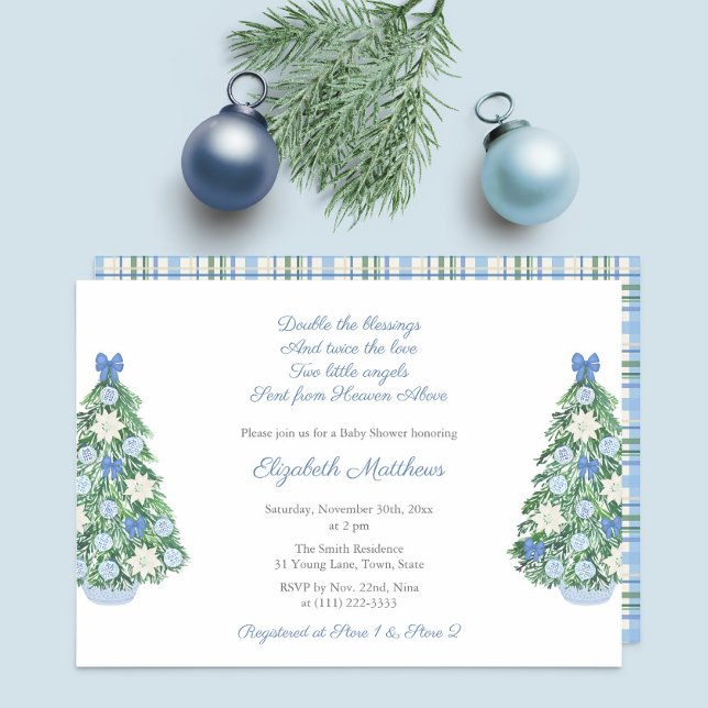 Holidays Chinoiserie Twin Boys Baby Shower Party Invitation (Hand painted chinoiserie ornaments decorated this holidays tree invitate for a twin boys baby shower)