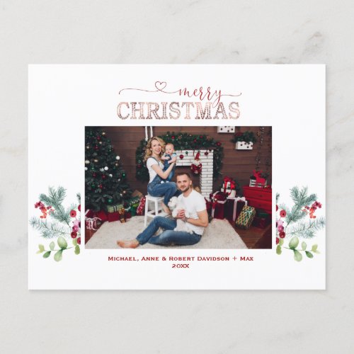 Holidays Greenery Photo Rose Gold Merry Christmas  Holiday Postcard