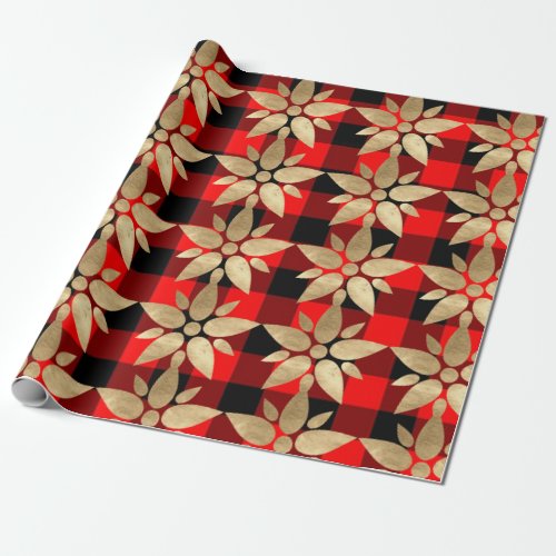 Holidays Merry Chrismas Buffalo Plaid Red Gold Wrapping Paper