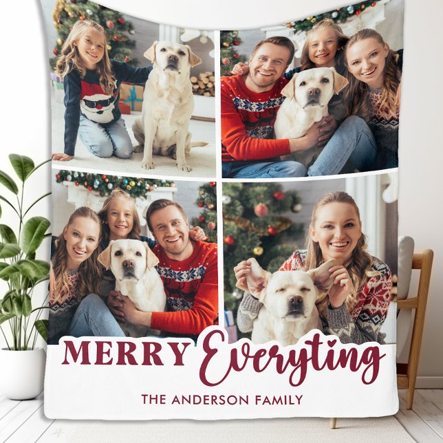 Holidays Personalized 4 Photo Merry Everything Fleece Blanket (Creator Uploaded)
