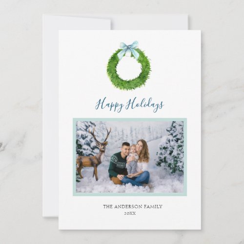 Holidays photo card with watercolor wreath  bow