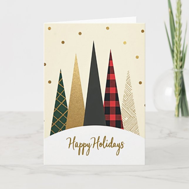 Holidays Plaid Gold Trees Card (Front)