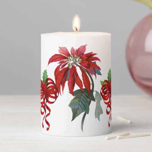 Holidays Poinsettias and Curly Bows Pillar Candle (In Situ)