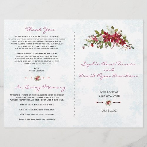 Holidays Red Poinsettia Snowflakes Wedding Program