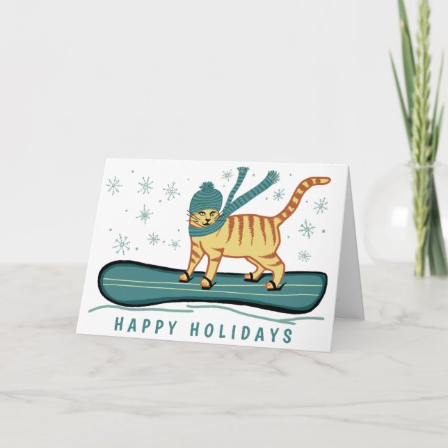 Holidays Snowboarding Tabby Cat Xmas Christmas Note Card (Front)