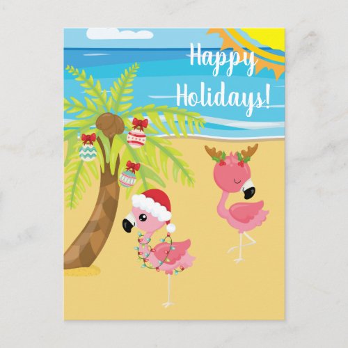 Holidays Tropical Beach Flamingo Christmas Postcard