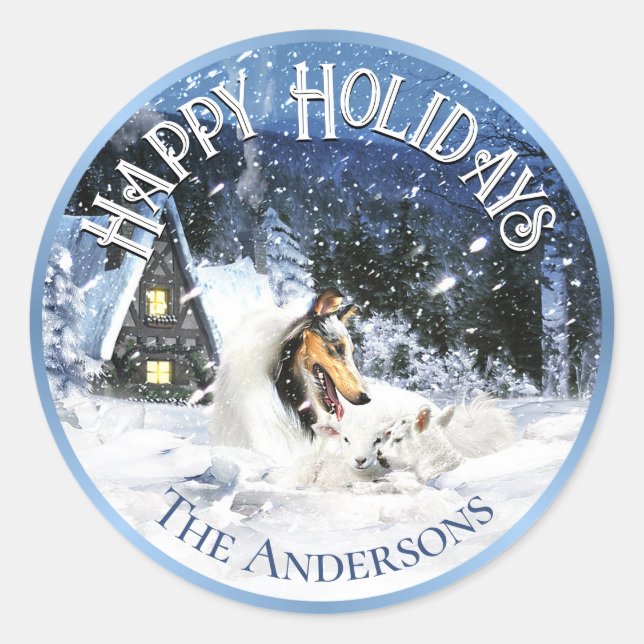 Holidays Winter Fairy Tale, Blue Merle Collie - Classic Round Sticker (Front)