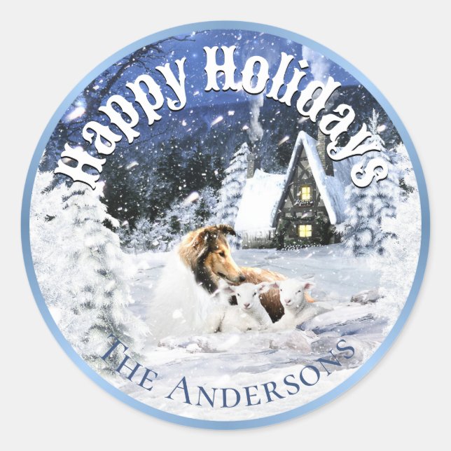 Holidays Winter Fairy Tale, Sable Collie & Lambs - Classic Round Sticker (Front)