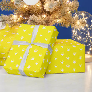Holidays yellow white snowflakes snow stars gift wrapping paper