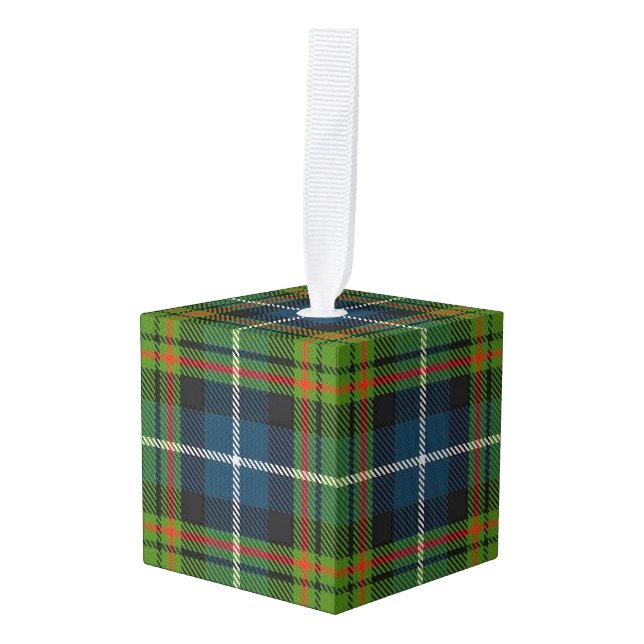 Holidaytime Clan MacRae Hunting Tartan Plaid Cube Ornament (Front Angled)