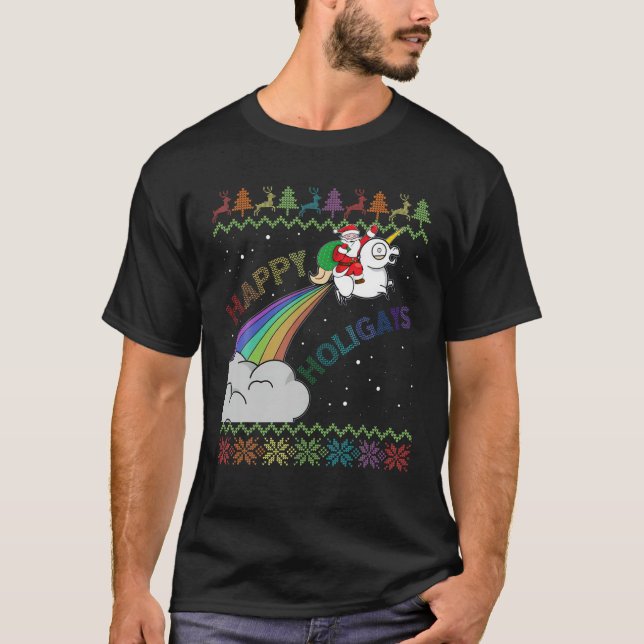 Holigays Gay Christmas Pajamas Santa Riding Unicor T-Shirt (Front)