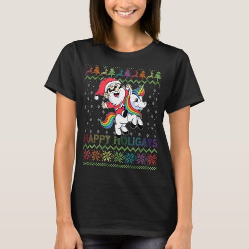 Holigays Gay Christmas Pajamas Santa Riding Unicor T_Shirt