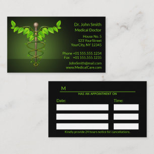 Holistic Alternative Medical Caduceus Green Leaves Appointment Card