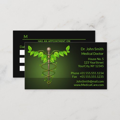 Holistic Alternative Medical Caduceus Green Leaves Appointment Card