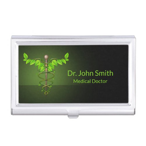 Holistic Alternative Medical Caduceus Green Leaves Business Card Case
