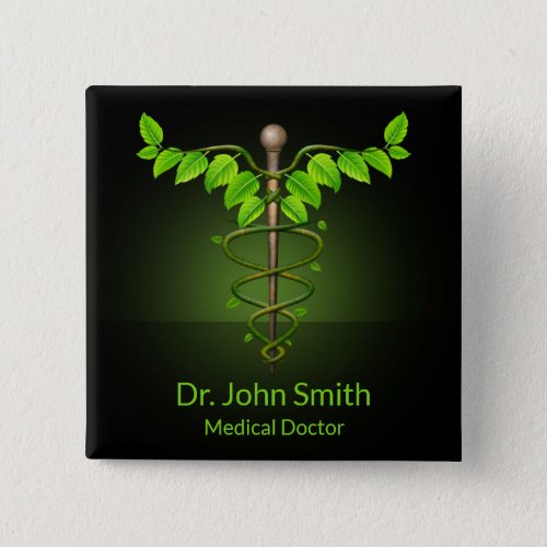 Holistic Alternative Medical Caduceus Green Leaves Button