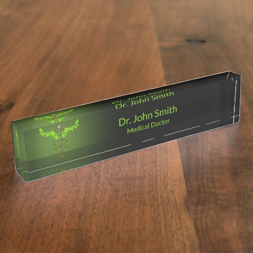 Holistic Alternative Medical Caduceus Green Leaves Desk Name Plate
