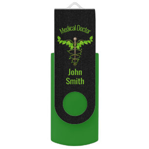 Holistic Alternative Medical Caduceus Green Leaves Flash Drive