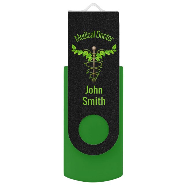 Holistic Alternative Medical Caduceus Green Leaves Flash Drive (Front Vertical)