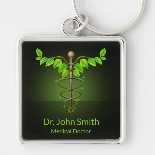 Holistic Alternative Medical Caduceus Green Leaves Keychain