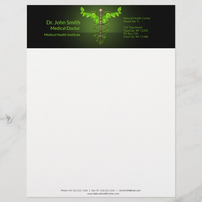 Holistic Alternative Medical Caduceus Green Leaves Letterhead (Front)