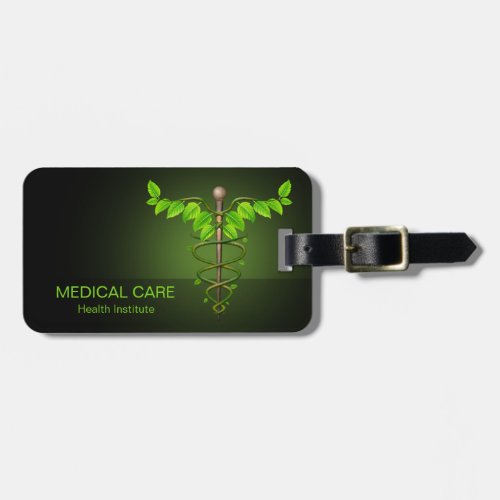 Holistic Alternative Medical Caduceus Green Leaves Luggage Tag