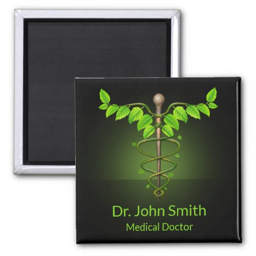 Holistic Alternative Medical Caduceus Green Leaves Magnet