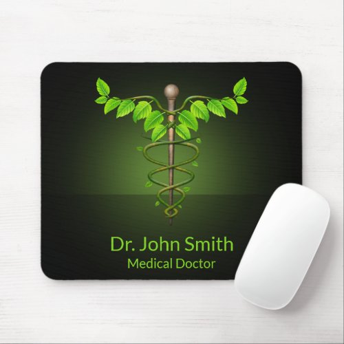 Holistic Alternative Medical Caduceus Green Leaves Mouse Pad