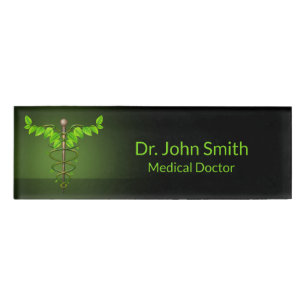Holistic Alternative Medical Caduceus Green Leaves Name Tag