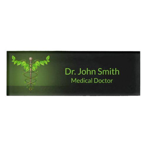 Holistic Alternative Medical Caduceus Green Leaves Name Tag