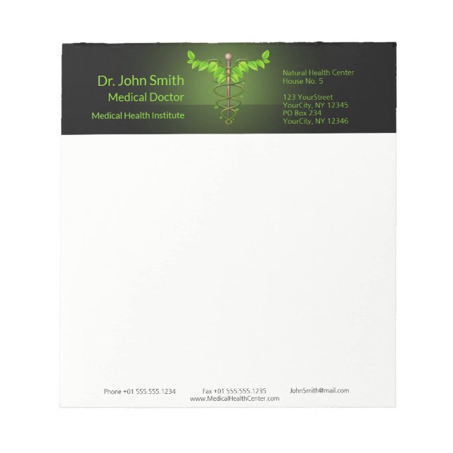 Holistic Alternative Medical Caduceus Green Leaves Notepad (Front)