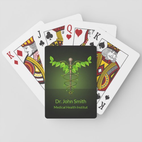 Holistic Alternative Medical Caduceus Green Leaves Playing Cards
