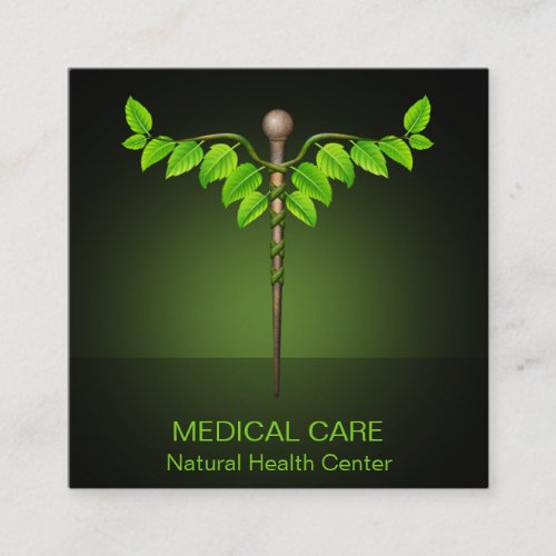 Holistic Alternative Medical Caduceus Green Leaves Square Business Card